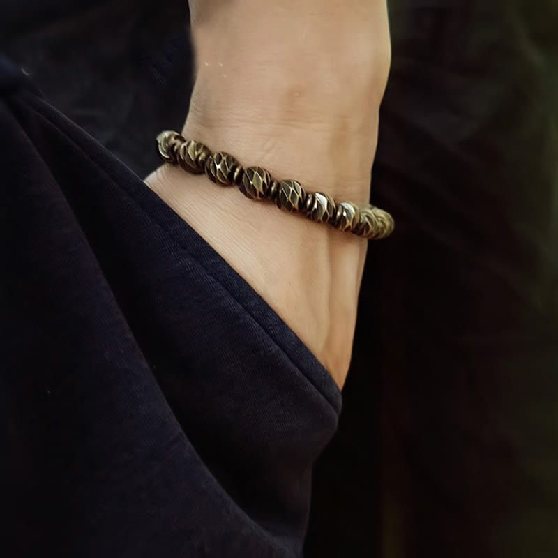 Buddha Stones Vintage Distressed Knife Carving Pattern Copper Brass Beads Wealth Bracelet - image 6