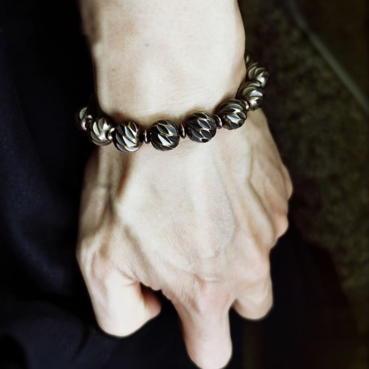 Buddha Stones Vintage Distressed Knife Carving Pattern Copper Brass Beads Wealth Bracelet - image 3