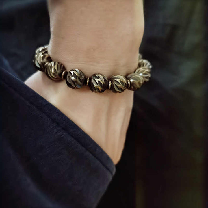Buddha Stones Vintage Distressed Knife Carving Pattern Copper Brass Beads Wealth Bracelet - image 7