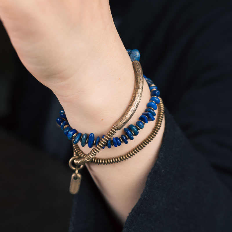 Buddha Stones Irregular Shape Triple Wrap Lazurite Lapis Lazuli Balance Bracelet - image 8