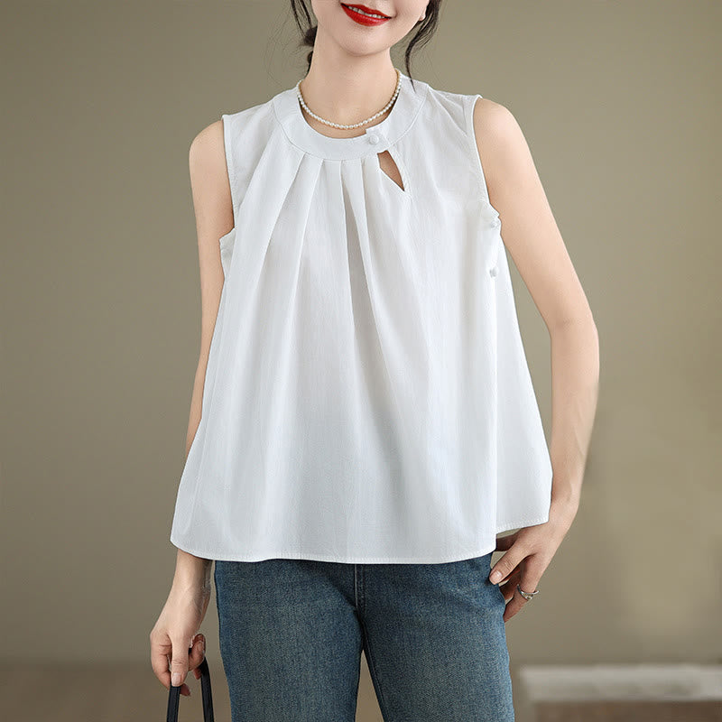 Buddha Stones Summer Solid Color Pleated Design Halter Neck Sleeveless Cotton Linen Women's Vest - White - US8-10，UK/AU12-14，EU40-42 (2XL) - image 12