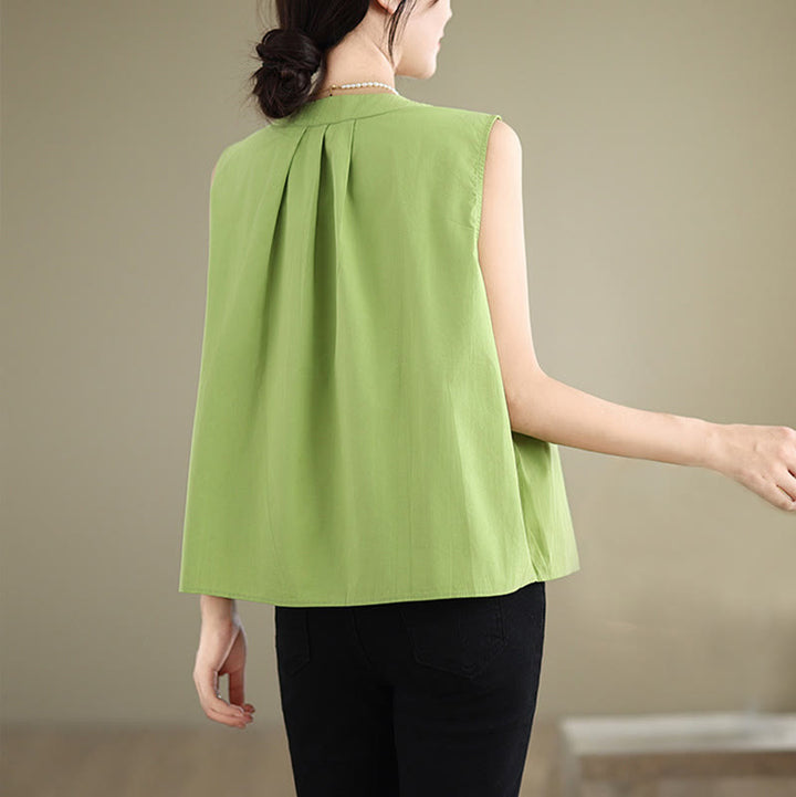 Buddha Stones Summer Solid Color Pleated Design Halter Neck Sleeveless Cotton Linen Women's Vest - image 21