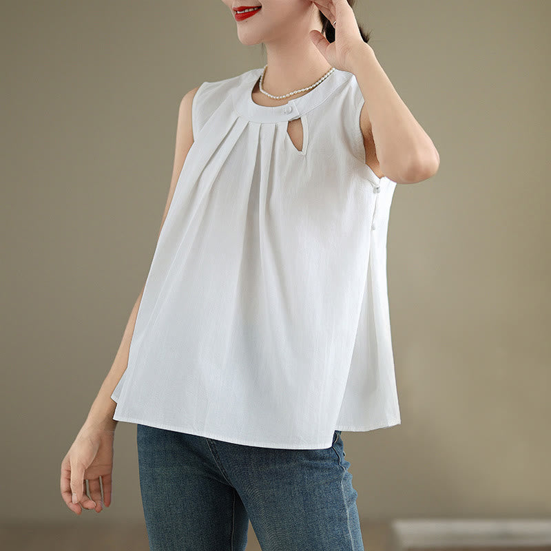 Buddha Stones Summer Solid Color Pleated Design Halter Neck Sleeveless Cotton Linen Women's Vest - image 14