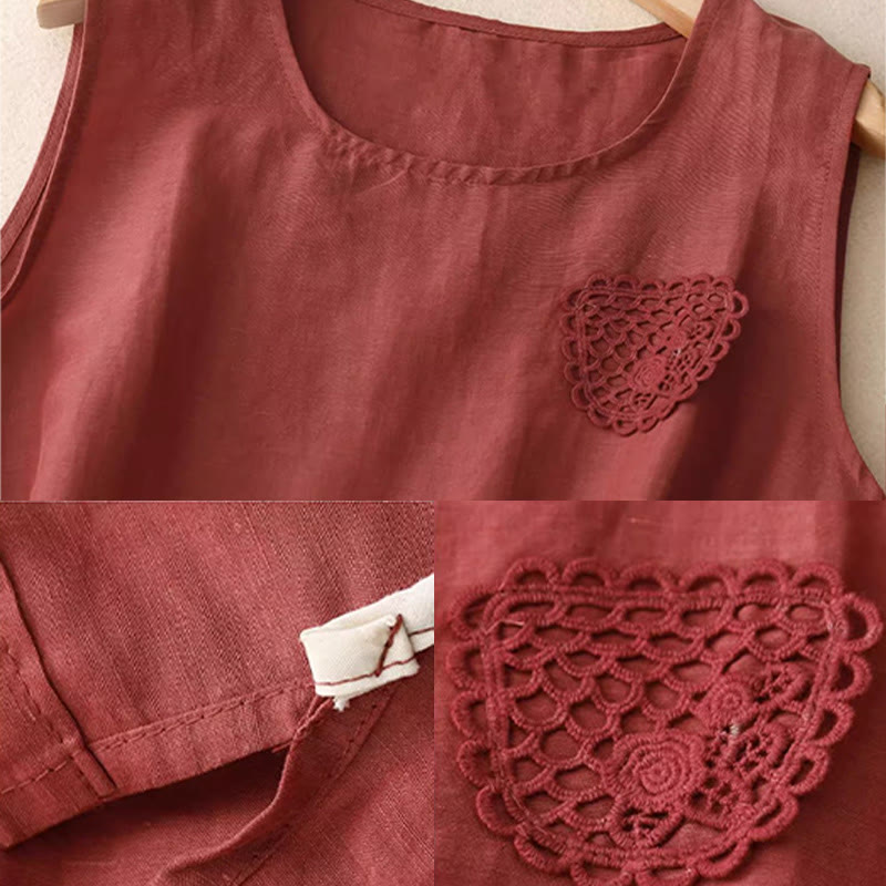 Buddha Stones Casual Pure Color Embroidery Patchwork Design Sleeveless Crew Neck Women's Cotton Linen Vest - image 14