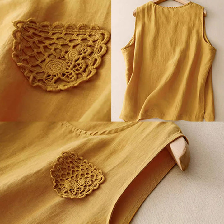 Buddha Stones Casual Pure Color Embroidery Patchwork Design Sleeveless Crew Neck Women's Vest - image 6