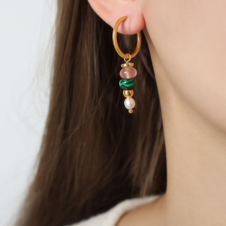 Buddha Stones Tibetan Marnyi Stone Design Natural Red Agate Pearl Confidence Titanium Steel Earrings - Green Natural Stone(Titanium Steel) - image 8