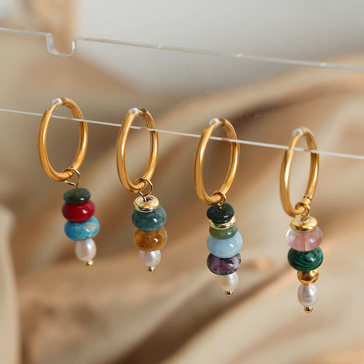 Buddha Stones Tibetan Marnyi Stone Design Natural Red Agate Pearl Confidence Titanium Steel Earrings - image 0
