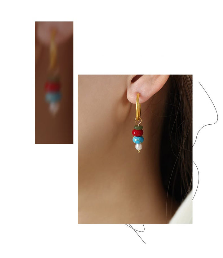 Buddha Stones Tibetan Marnyi Stone Design Natural Red Agate Pearl Confidence Titanium Steel Earrings - image 3