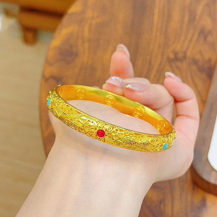 Buddha Stones Copper Plated Gold Flowers Leaves Luck Bracelet Bangle - image 14