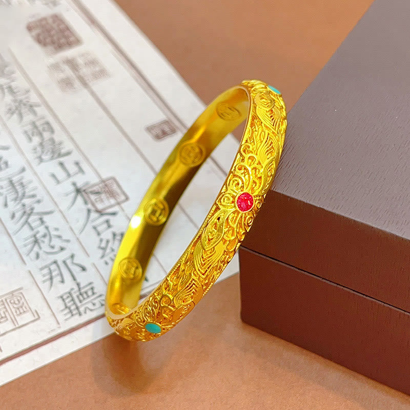 Buddha Stones Copper Plated Gold Flowers Leaves Luck Bracelet Bangle - image 1