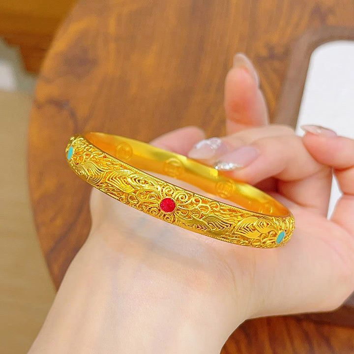 Buddha Stones Copper Plated Gold Flowers Leaves Luck Bracelet Bangle - image 12