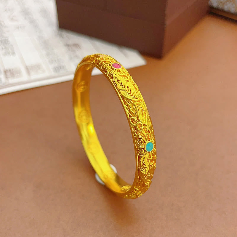 Buddha Stones Copper Plated Gold Flowers Leaves Luck Bracelet Bangle - image 17