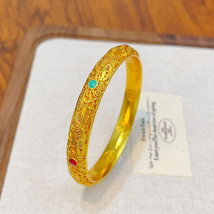 Buddha Stones Copper Plated Gold Flowers Leaves Luck Bracelet Bangle - 64 mm - image 0