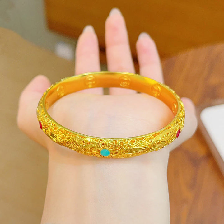 Buddha Stones Copper Plated Gold Flowers Leaves Luck Bracelet Bangle - image 13