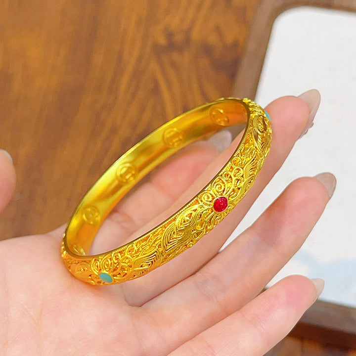 Buddha Stones Copper Plated Gold Flowers Leaves Luck Bracelet Bangle - image 15