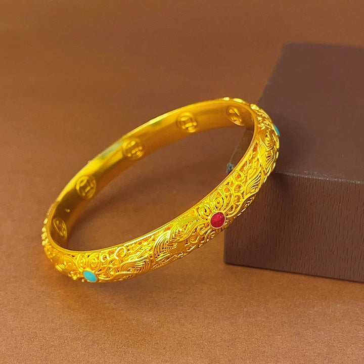 Buddha Stones Copper Plated Gold Flowers Leaves Luck Bracelet Bangle - image 19