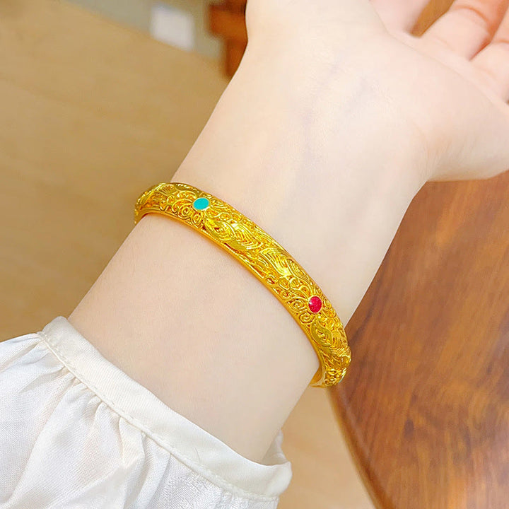 Buddha Stones Copper Plated Gold Flowers Leaves Luck Bracelet Bangle - image 10