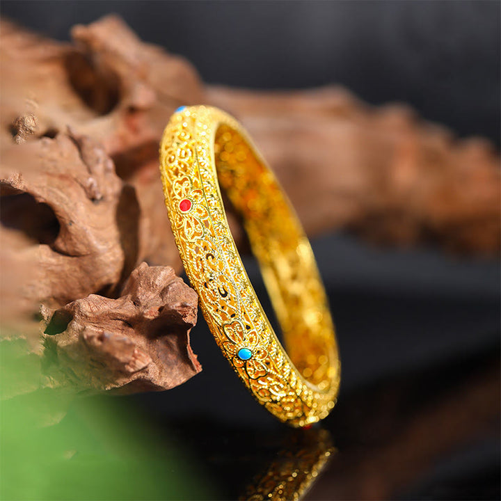 Buddha Stones Copper Plated Gold Flowers Vine Pattern Luck Bracelet Bangle 2.44 IN (62 MM) - image 1