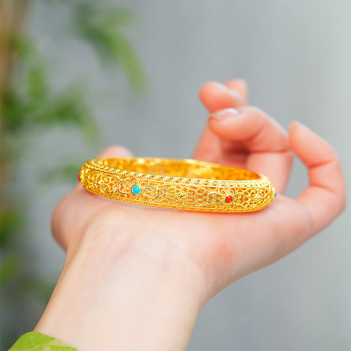 Buddha Stones Copper Plated Gold Flowers Vine Pattern Luck Bracelet Bangle 2.44 IN (62 MM) - image 2