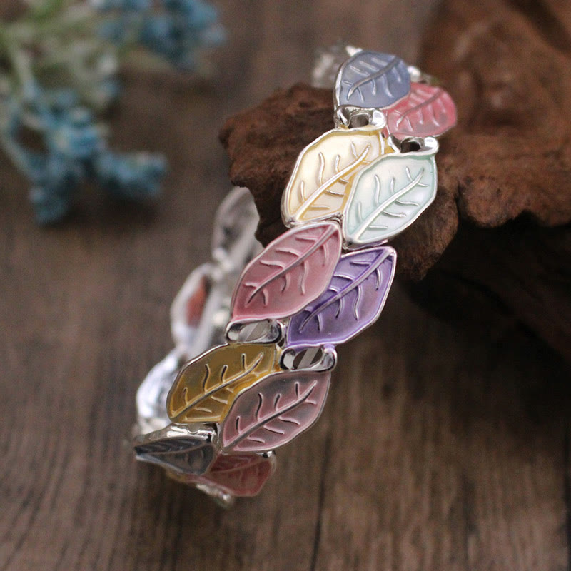 Buddha Stones Colorful Leaves Alloy Luck Elastic Bracelet Bangle - image 3