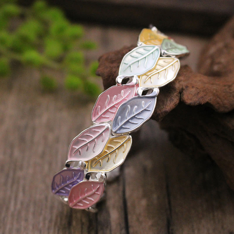 Buddha Stones Colorful Leaves Alloy Luck Elastic Bracelet Bangle - 57mm - image 0