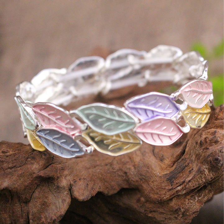 Buddha Stones Colorful Leaves Alloy Luck Elastic Bracelet Bangle - image 1