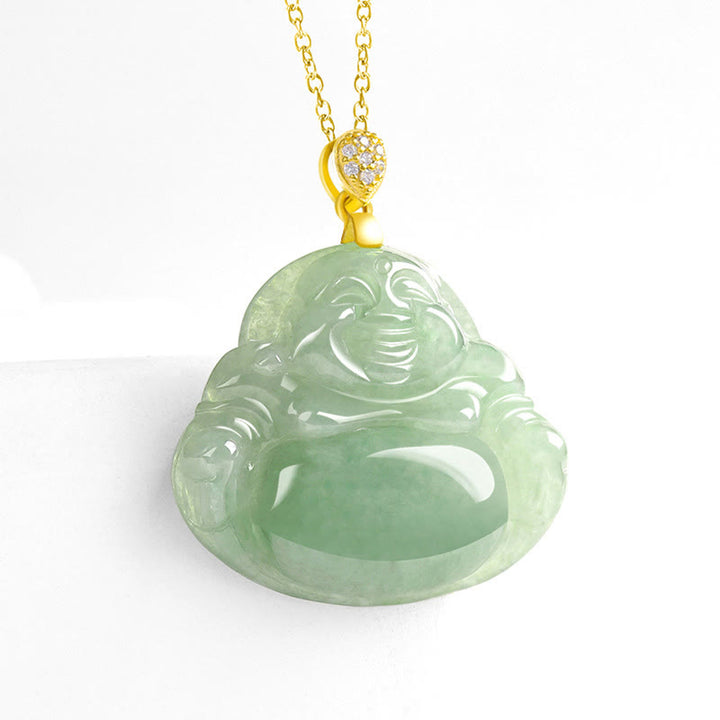 Buddha Stones Natural Jade Laughing Buddha Luck Prosperity Titanium Steel Chain Necklace Pendant - image 2