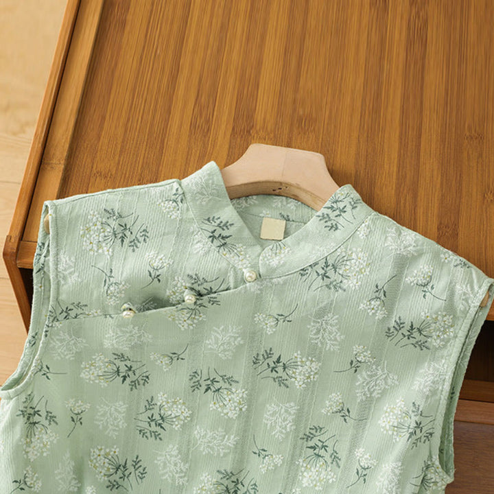 Buddha Stones Retro Printing Floral Plant Pattern Chinese Frog-Button Design Women's Cotton Sleeveless Vest - image 19