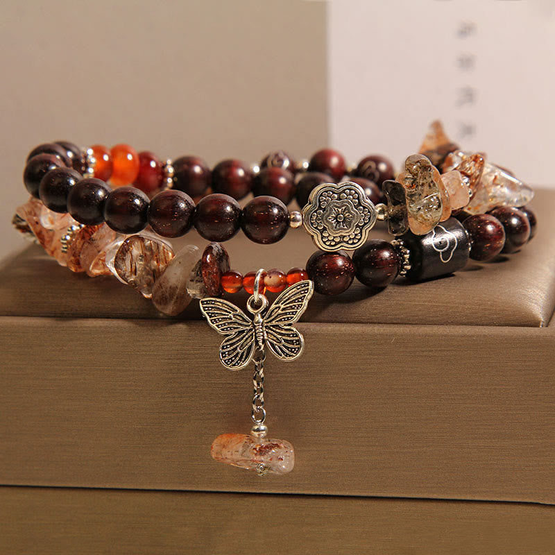 Buddha Stones Natural Rutilated Quartz Small Leaf Red Sandalwood Wealth Butterfly Charm Bracelet - image 6