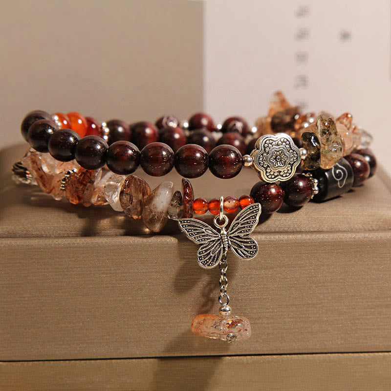 Buddha Stones Natural Rutilated Quartz Small Leaf Red Sandalwood Wealth Butterfly Charm Bracelet - image 5
