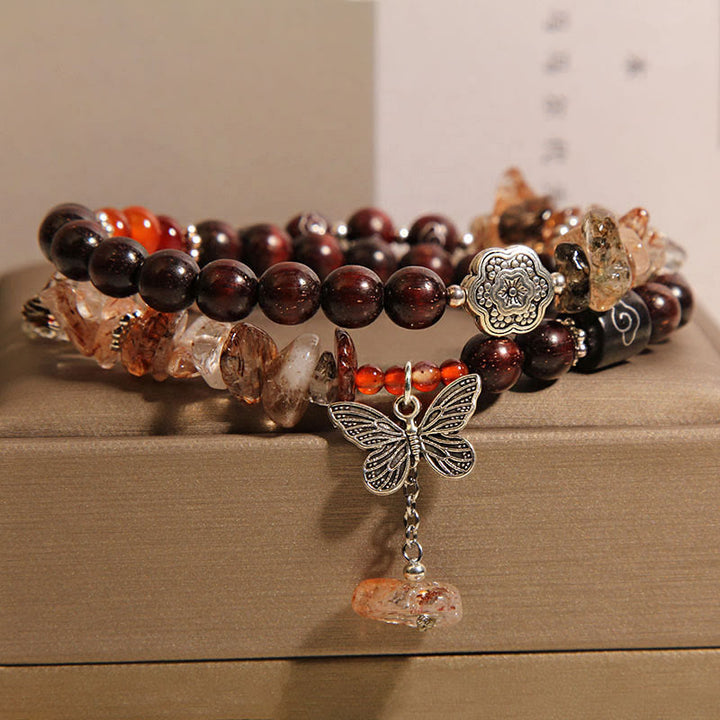 Buddha Stones Natural Rutilated Quartz Small Leaf Red Sandalwood Wealth Butterfly Charm Bracelet - image 5