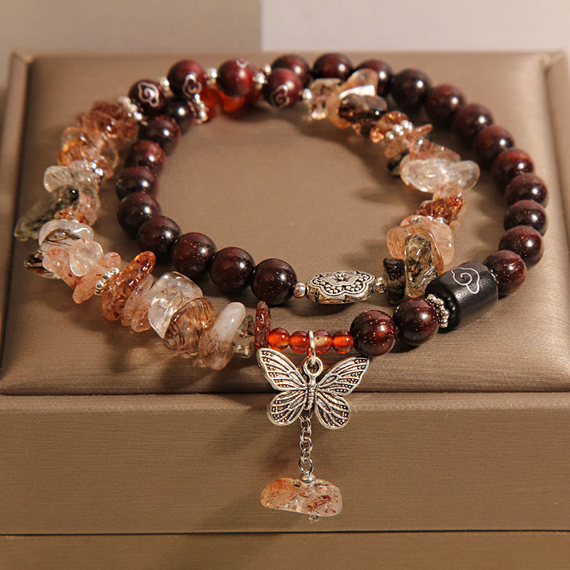 Buddha Stones Natural Rutilated Quartz Small Leaf Red Sandalwood Wealth Butterfly Charm Bracelet - image 4