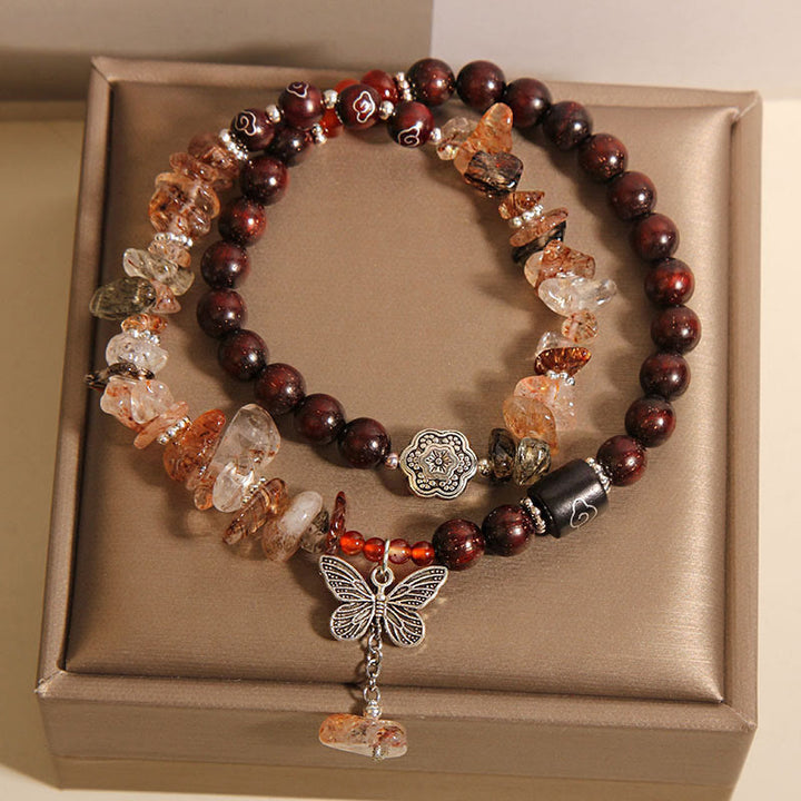 Buddha Stones Natural Rutilated Quartz Small Leaf Red Sandalwood Wealth Butterfly Charm Bracelet - image 1