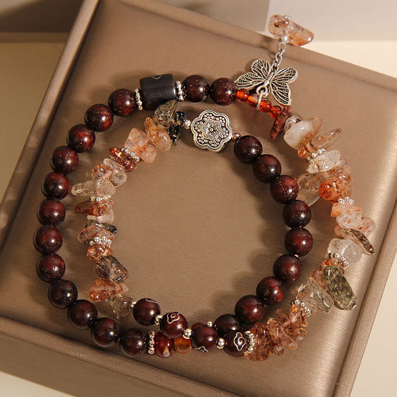 Buddha Stones Natural Rutilated Quartz Small Leaf Red Sandalwood Wealth Butterfly Charm Bracelet - image 2