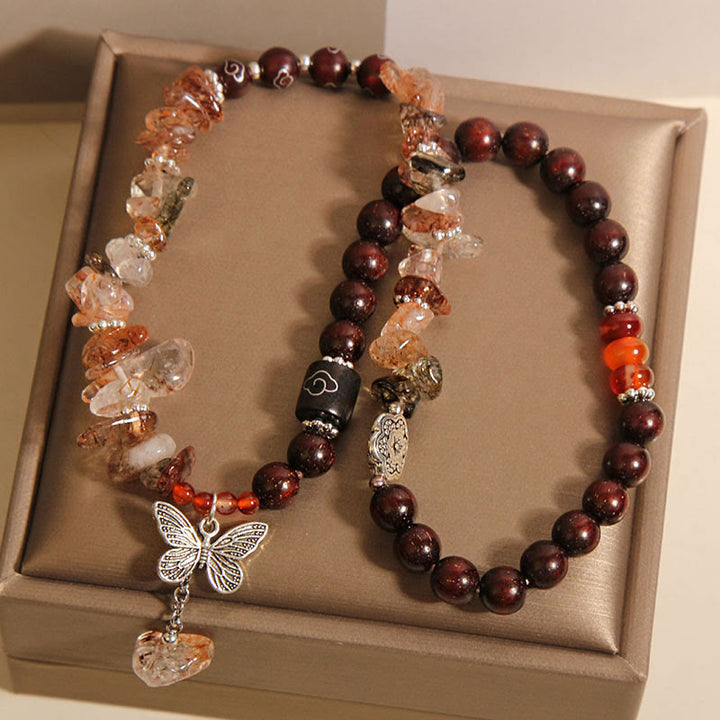 Buddha Stones Natural Rutilated Quartz Small Leaf Red Sandalwood Wealth Butterfly Charm Bracelet - image 3
