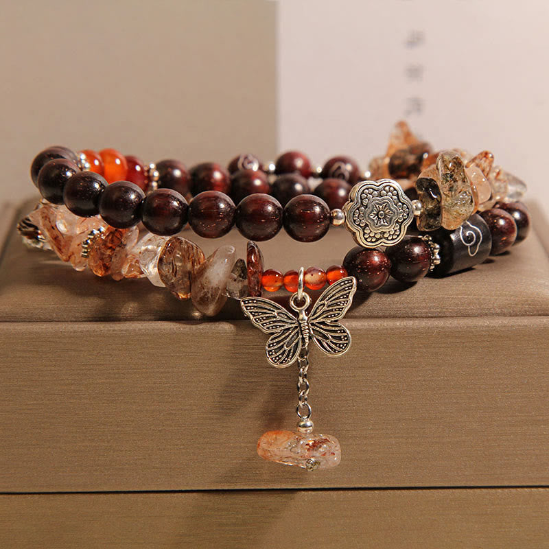 Buddha Stones Natural Rutilated Quartz Small Leaf Red Sandalwood Wealth Butterfly Charm Bracelet - 14-15cm - image 0