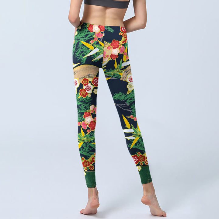 Buddha Stones Red Flowers Yellow-green Bamboo Pine Trees Print Gym Leggings Women's Yoga Pants - image 6