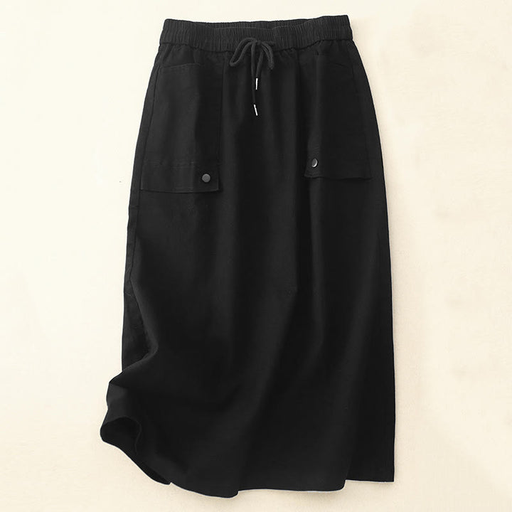 Buddha Stones Vintage Plain Drawstring Button Design Slide Slite Women's Cotton Linen 7-8 Length Skirt With Pockets - Black - US8-10，UK/AU12-14，EU40-42 (2XL) - image 7