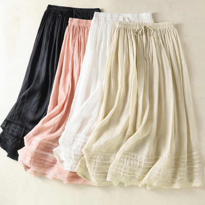 Buddha Stones Summer Plain Drawstring Lace Patchwork Design Women's Cotton Linen 7-8 Length Skirt - image 35
