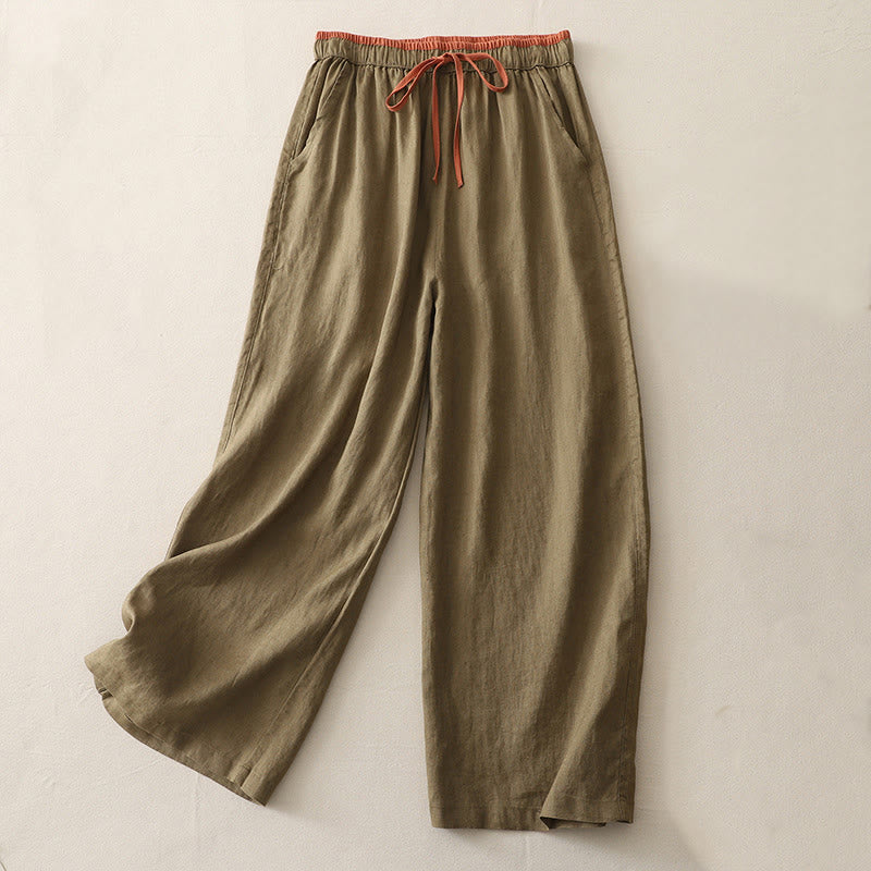 Buddha Stones Casual Colorblock Drawstring Women's Cotton Wide Leg Pants With Pockets - DarkKhaki - US14，UK/AU18，EU46 (3XL) - image 0