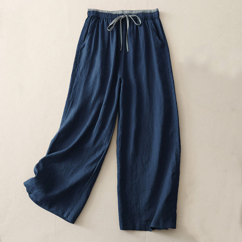 Buddha Stones Casual Colorblock Drawstring Women's Cotton Wide Leg Pants With Pockets - MediumBlue - US14，UK/AU18，EU46 (3XL) - image 12
