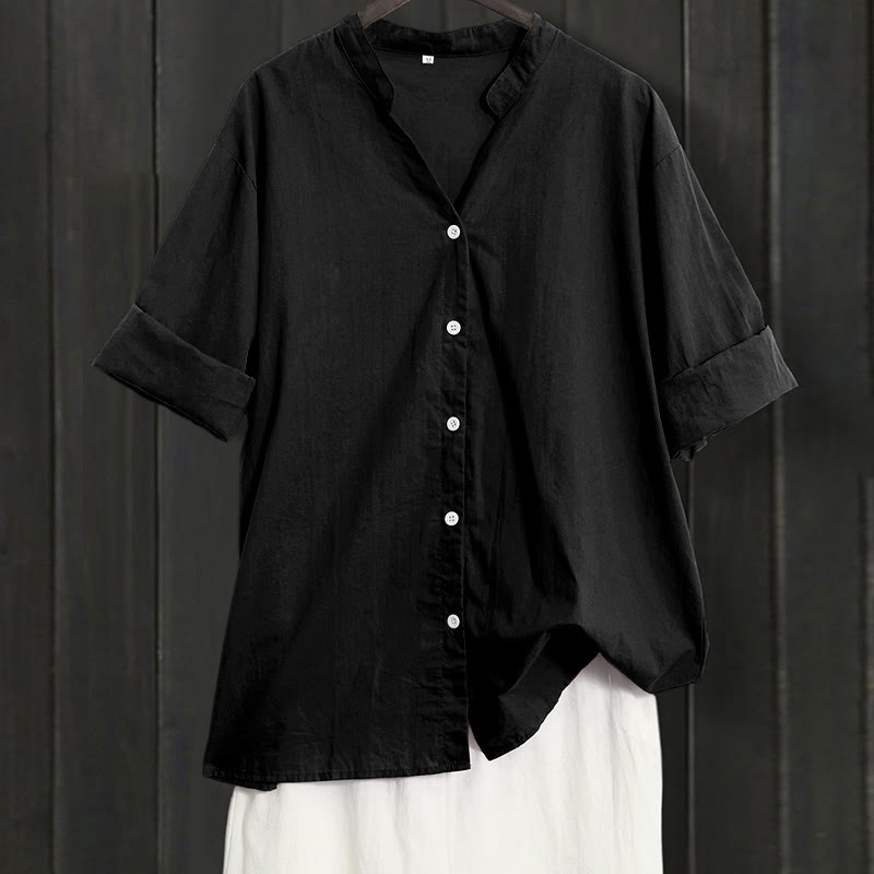 Buddha Stones Summer Casual Plain Breasted Notched Collar Short Sleeve Women's Cotton Linen Shirt - Black - US20，UK/AU24，EU52 (5XL) - image 6