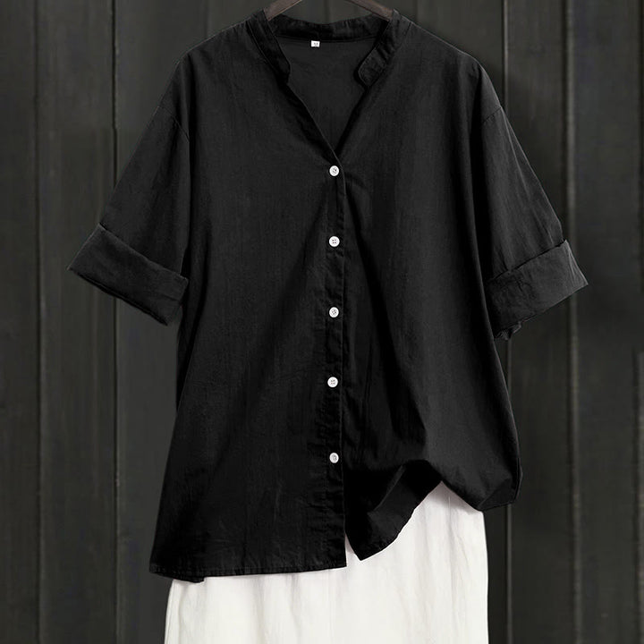 Buddha Stones Summer Casual Plain Breasted Notched Collar Short Sleeve Women's Cotton Linen Shirt - Black - US20，UK/AU24，EU52 (5XL) - image 6