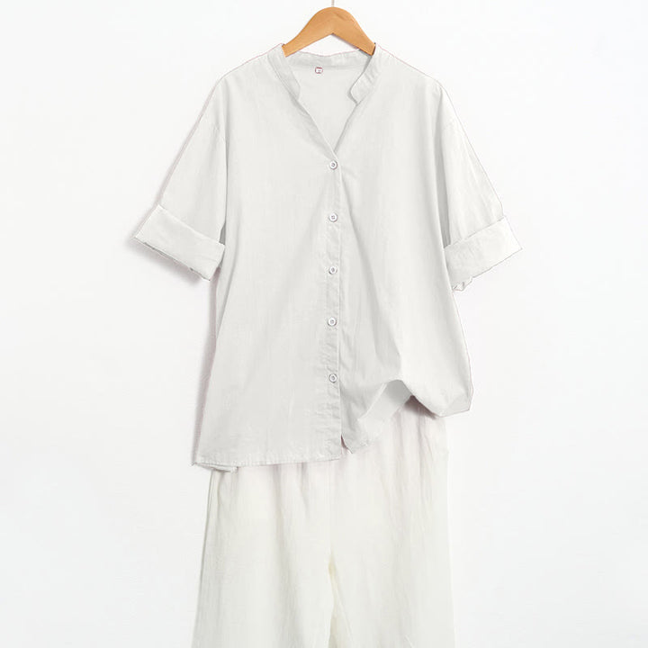 Buddha Stones Summer Casual Plain Breasted Notched Collar Short Sleeve Women's Cotton Linen Shirt - image 35