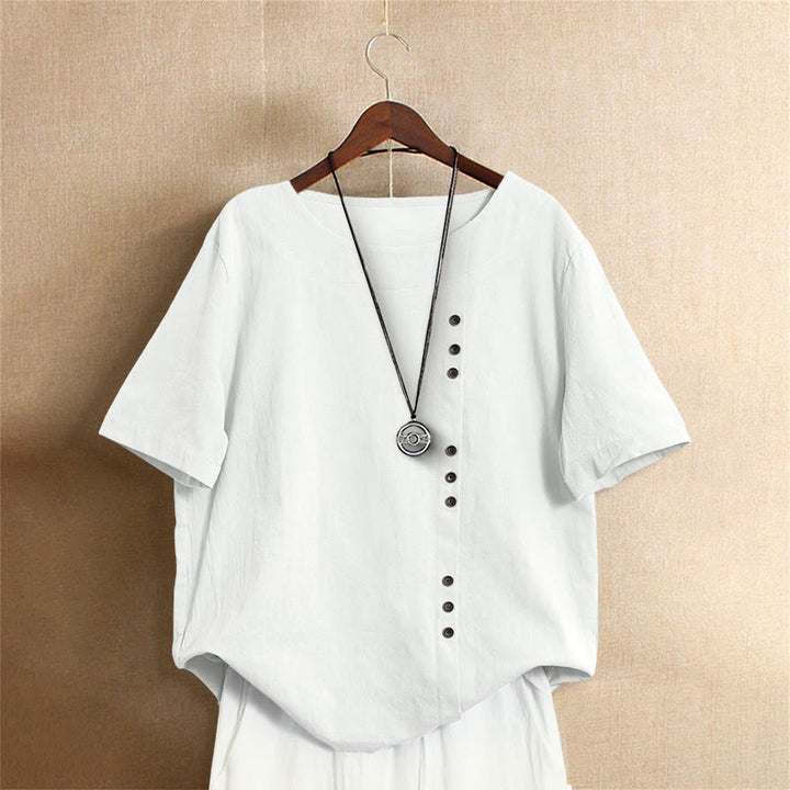Buddha Stones Casual Summer Pure Color Jacquard Button Crew Neck Cotton Women's Short Sleeve T-Shirt - White - US18，UK/AU22，EU50 (5XL) - image 0
