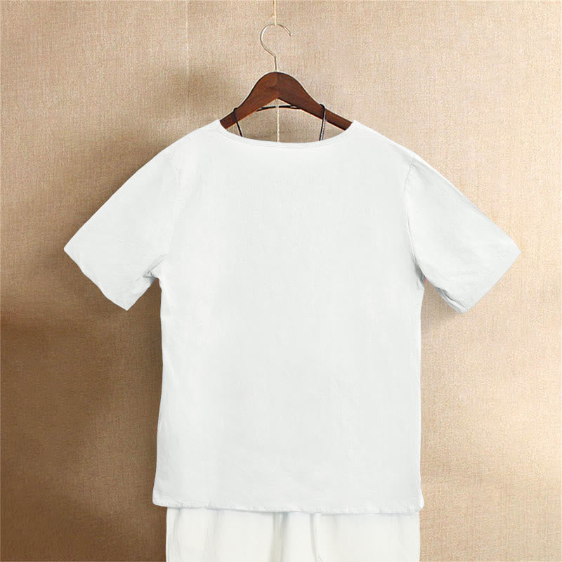 Buddha Stones Casual Summer Pure Color Jacquard Button Crew Neck Women's Short Sleeve T-Shirt - image 1