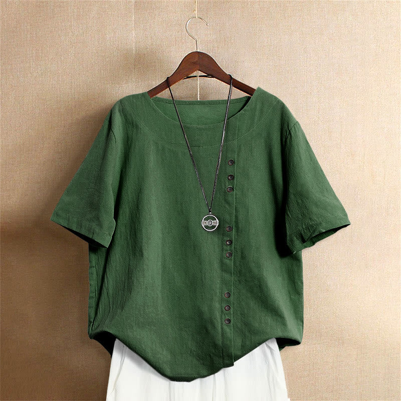 Buddha Stones Casual Summer Pure Color Jacquard Button Crew Neck Cotton Women's Short Sleeve T-Shirt - Green - US18，UK/AU22，EU50 (5XL) - image 5