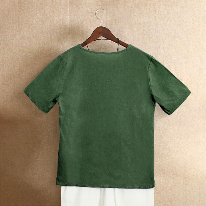 Buddha Stones Casual Summer Pure Color Jacquard Button Crew Neck Cotton Women's Short Sleeve T-Shirt - image 6