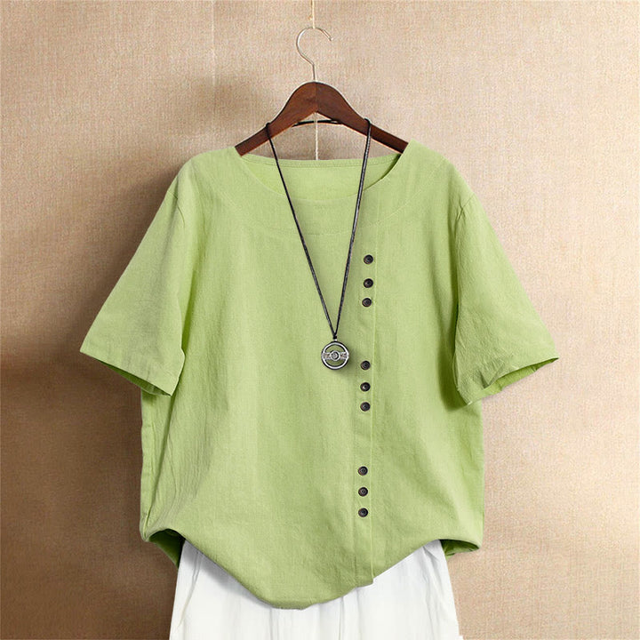 Buddha Stones Casual Summer Pure Color Jacquard Button Crew Neck Women's Short Sleeve T-Shirt - LightGreen - US18，UK/AU22，EU50 (5XL) - image 20