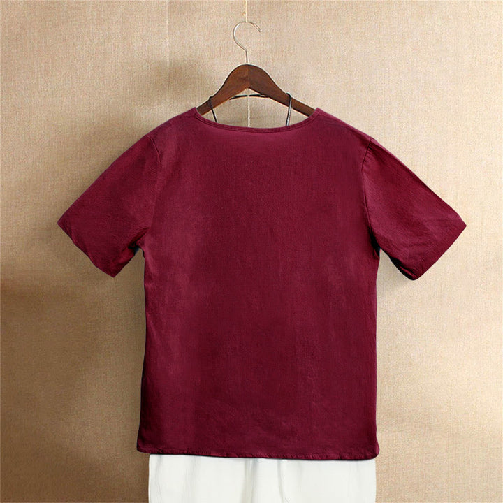 Buddha Stones Casual Summer Pure Color Jacquard Button Crew Neck Cotton Women's Short Sleeve T-Shirt - image 31